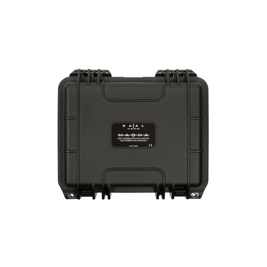 A black hard-shell RAAL 1995 magna protective case with latches and a central label, photographed from the back against a plain white background.