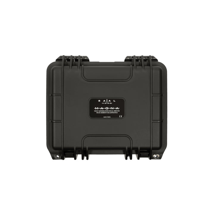 A black hard-shell RAAL 1995 magna protective case with latches and a central label, photographed from the back against a plain white background.