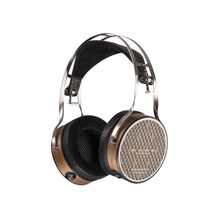 A pair of RAAL 1995 Magna EVO 1 with a brushed silver metal headband frame, black cushioned ear pads, and a bronze-finished outer cup with a diamond-pattern metal grille.