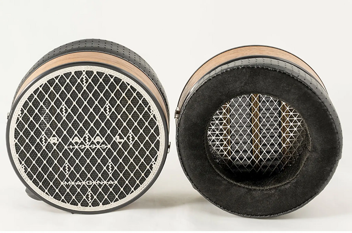 Raal 1995 Magna headphones (2x) ear cups front and back side by side whitebox