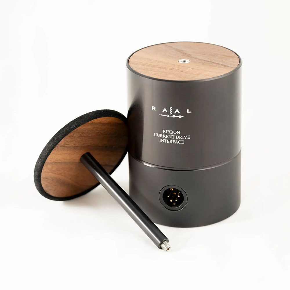 Raal 1995 Magna headphones ribbon interface stand front center with top band leaning next to base whitebox