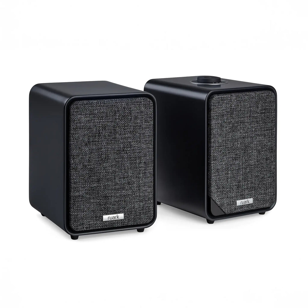 Ruark Audio MR1 MK3 speakers in charcoal front left 3 quarter whitebox