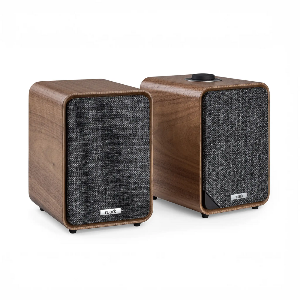 Ruark Audio MR1 MK3 speakers in walnut front left 3 quarter whitebox