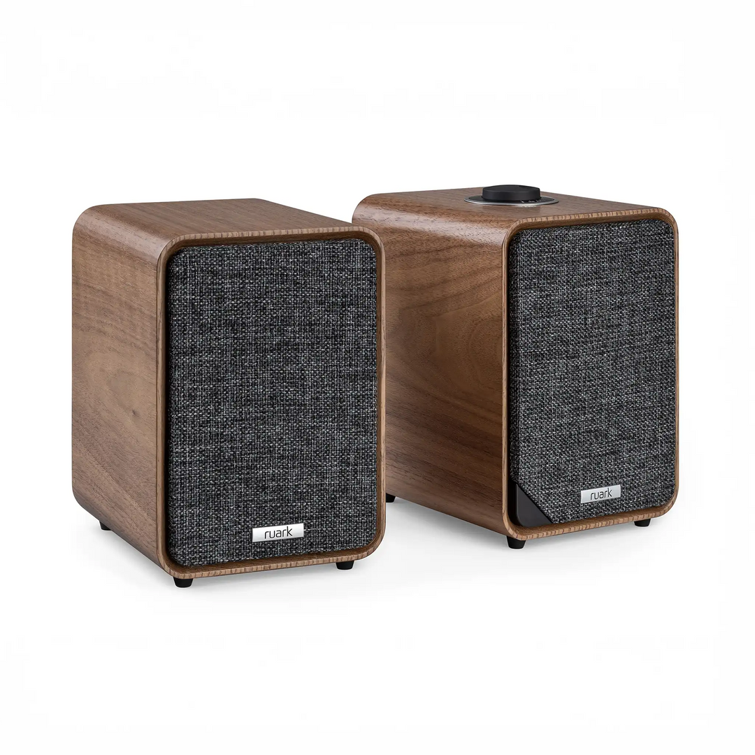 Ruark Audio MR1 MK3 speakers in walnut front left 3 quarter whitebox