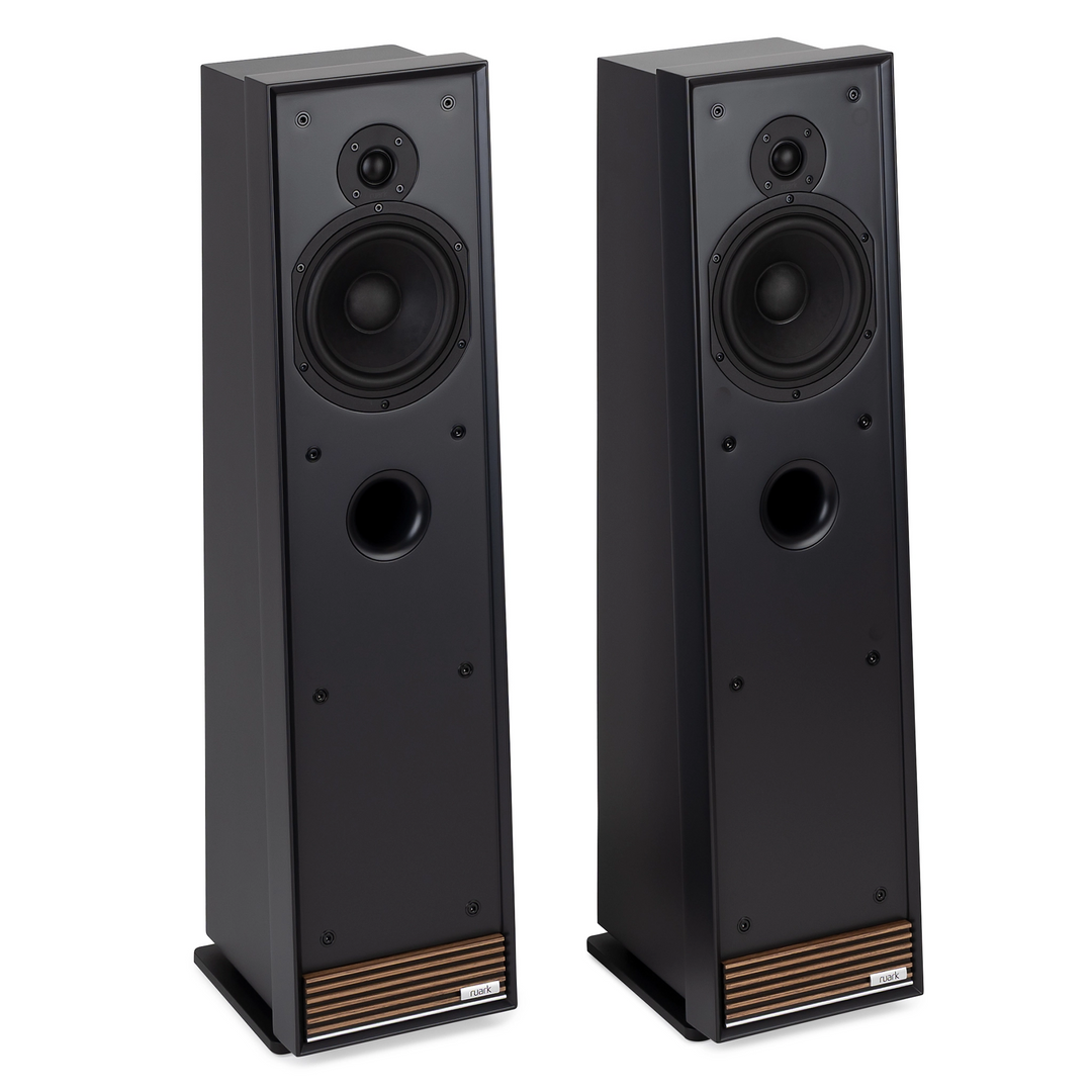 Ruark Audio Talisman R floorstanding speakers with a wood-grain accent panel at the bottom, shown on a plain white background.