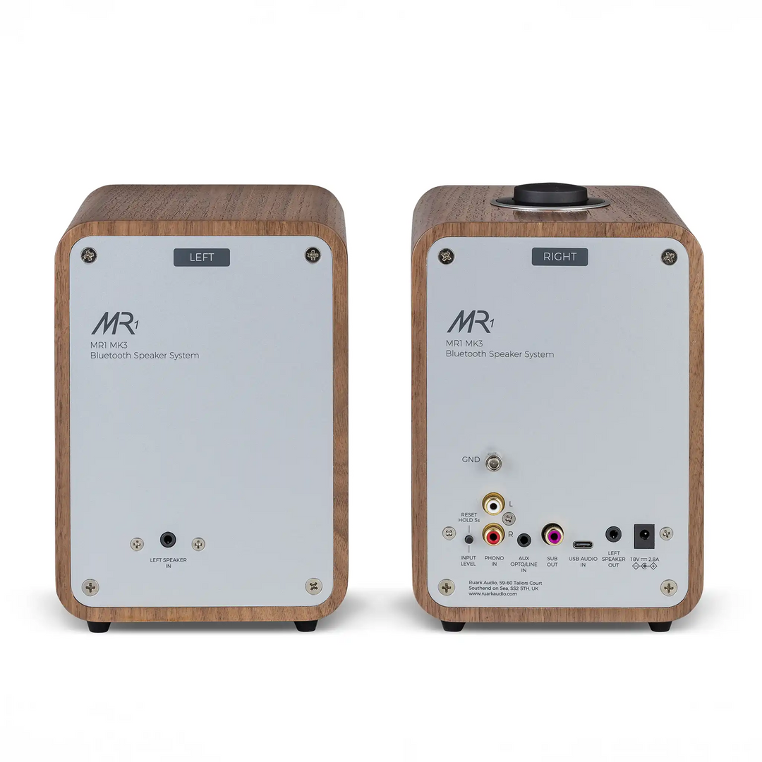 Ruark Audio MR1 MK3 speakers in walnut rear center whitebox
