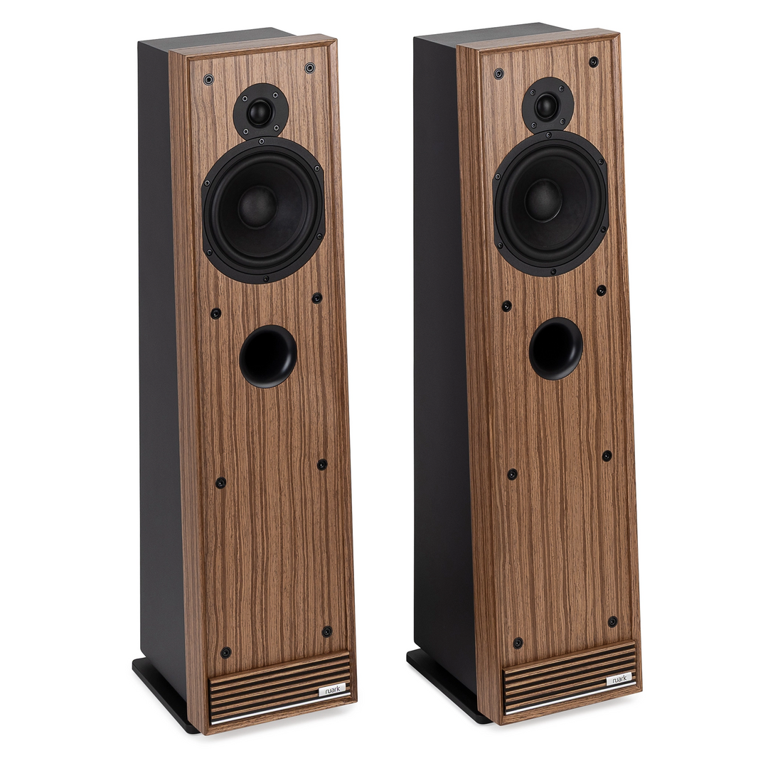 Ruark Talisman R floorstanding speakers with a brown wood-grain finish and black speaker components, shown on a solid white background.