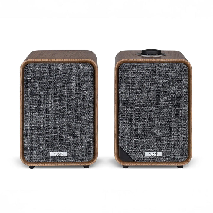Ruark Audio MR1 MK3 speakers in walnut front center whitebox