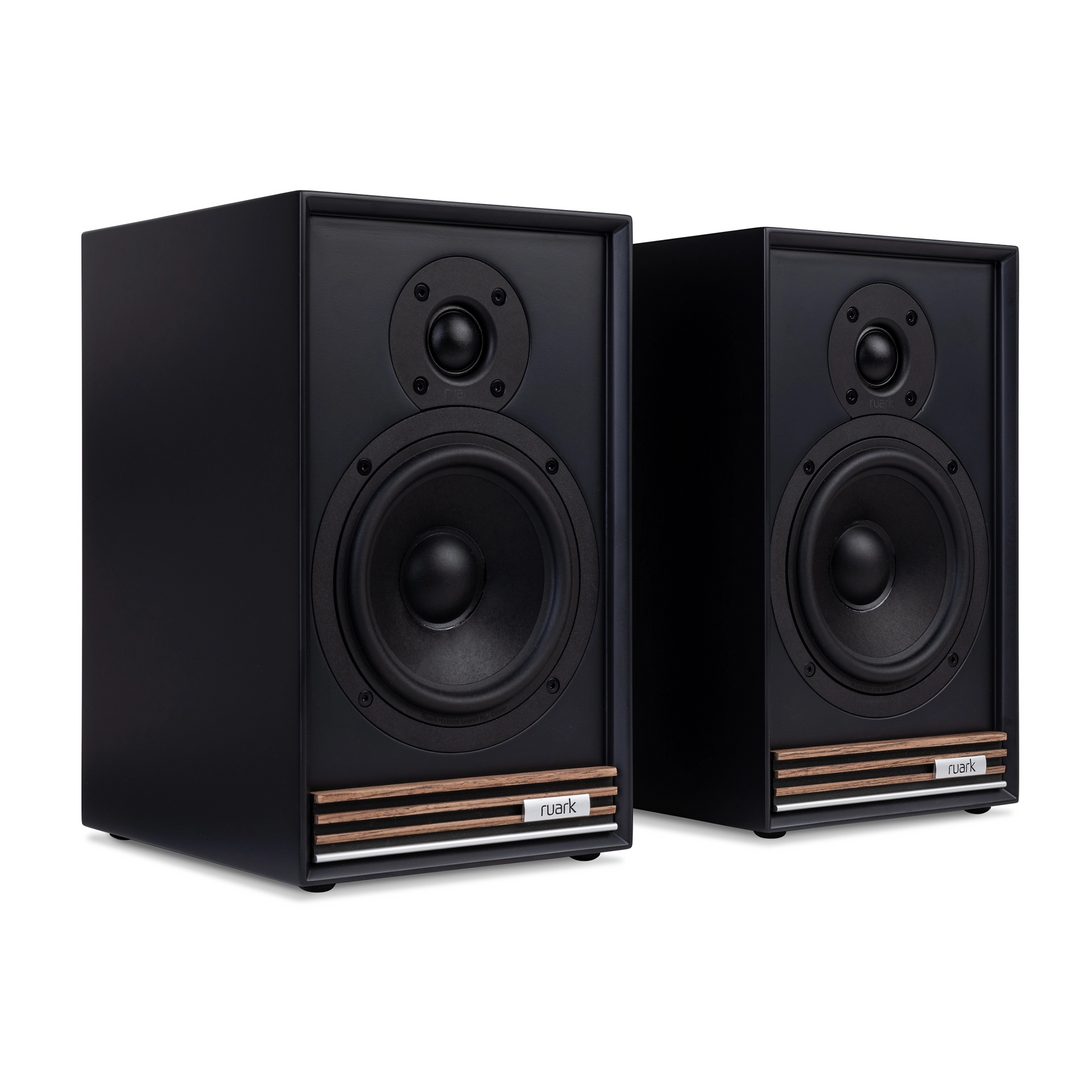 Ruark Audio Sabre R speakers front left 3 quarter whitebox charcoal walnut finish