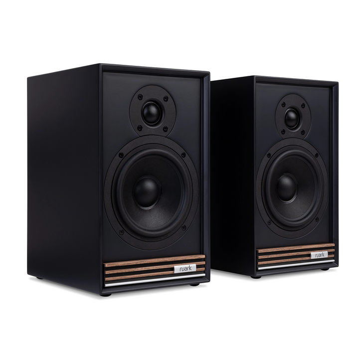 Ruark Audio Sabre R speakers front left 3 quarter whitebox charcoal walnut finish