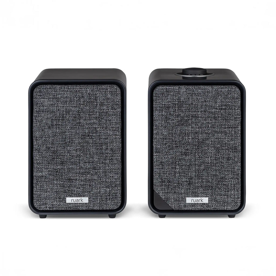 Ruark Audio MR1 MK3 speakers in charcoal front center whitebox