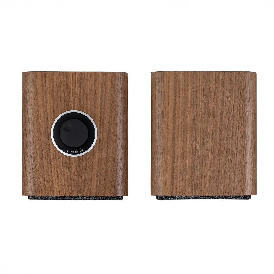 Ruark Audio MR1 MK3 speakers in walnut top Birdseye view whitebox