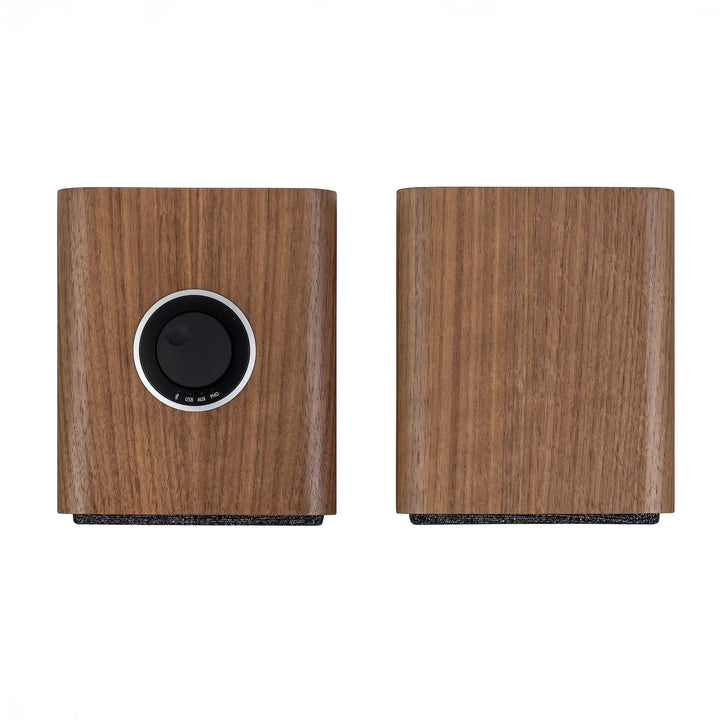Ruark Audio MR1 MK3 speakers in walnut top Birdseye view whitebox
