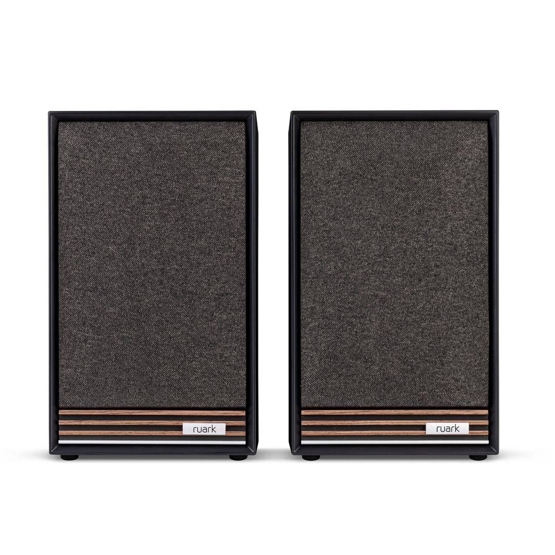 Ruark Audio Sabre R speakers front whitebox charcoal walnut finish