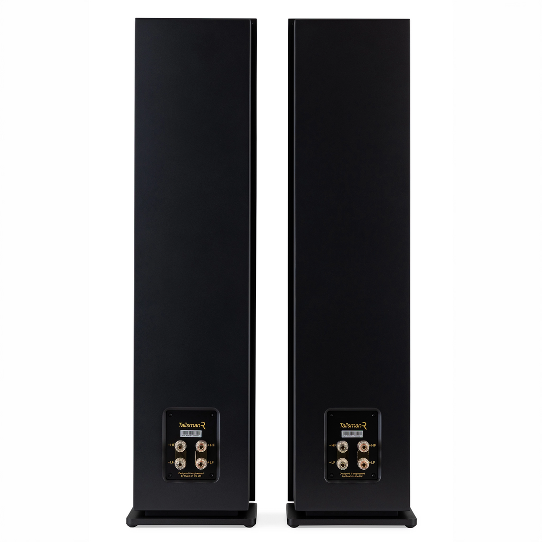Ruark Talisman R speakers shown from the rear, featuring a slim rectangular design with a control panel near the bottom on a plain white background.