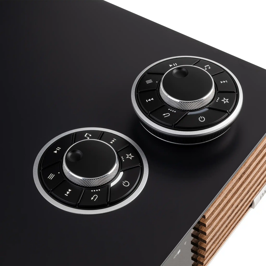 Ruark Audio R610 console in charcoal walnut rotodial closeup whitebox