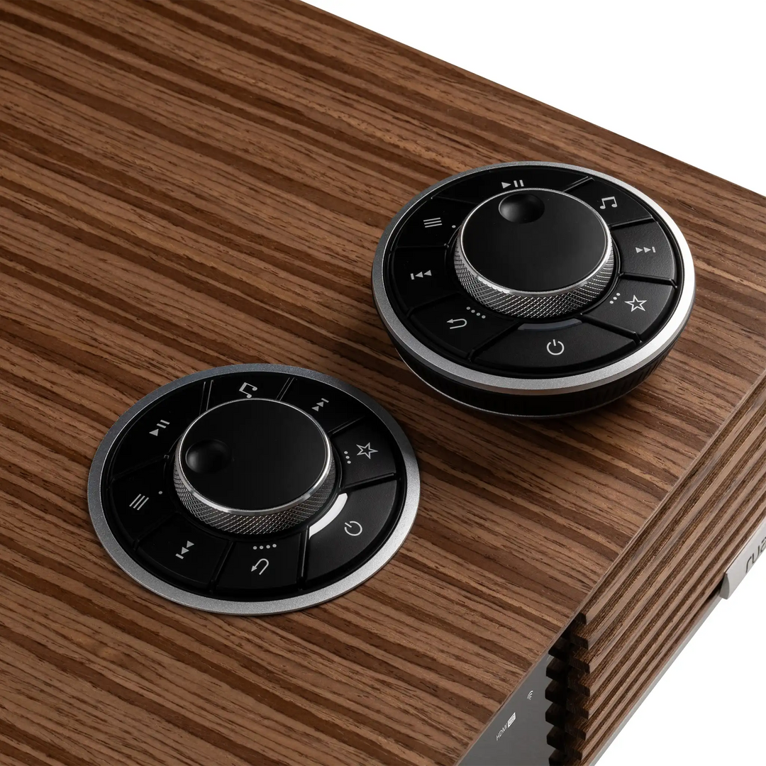 Ruark Audio R610 console in walnut rotodial closeup whitebox