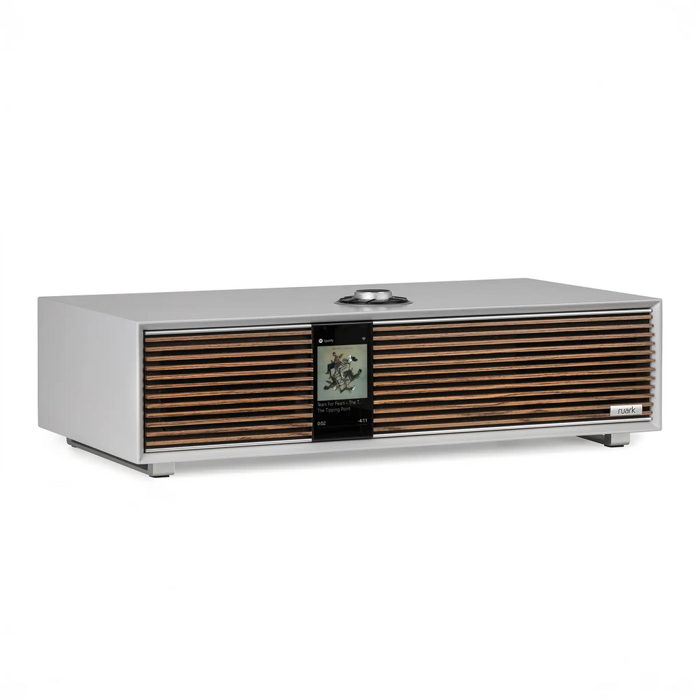 Ruark Audio R410 music system in silver sitting front left 3 quarter whitebox
