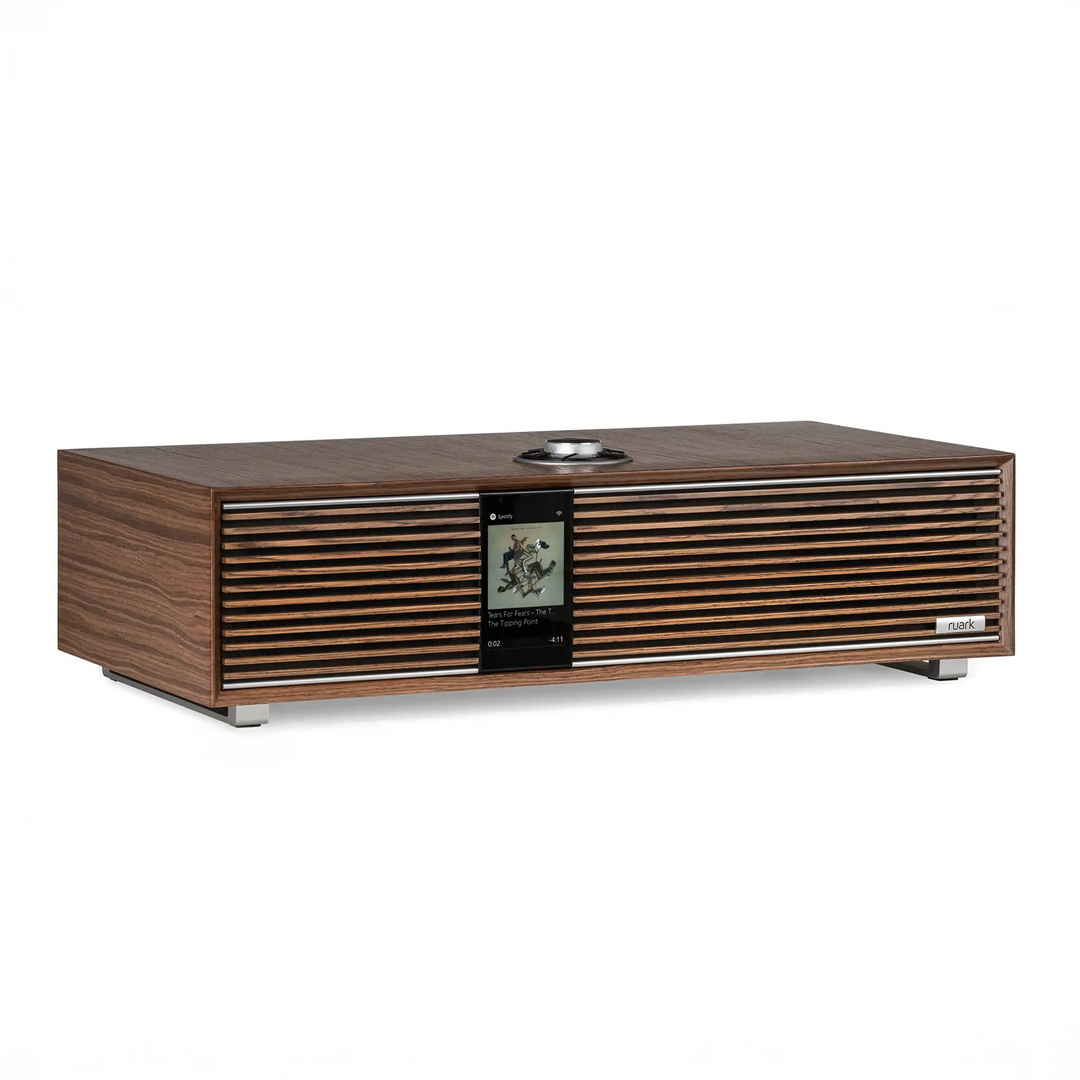 Ruark Audio R410 music system in walnut sitting front left 3 quarter whitebox