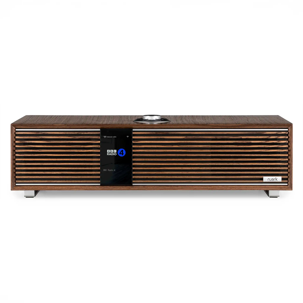 Ruark Audio R410 music system in walnut sitting front center whitebox