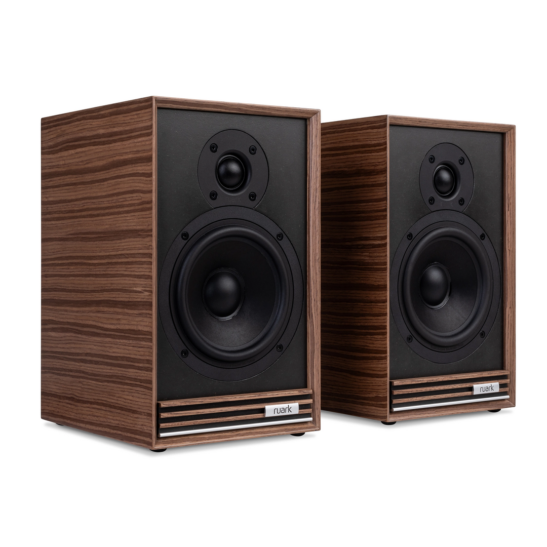 Ruark Audio Sabre R speakers front left 3 quarter whitebox walnut finish