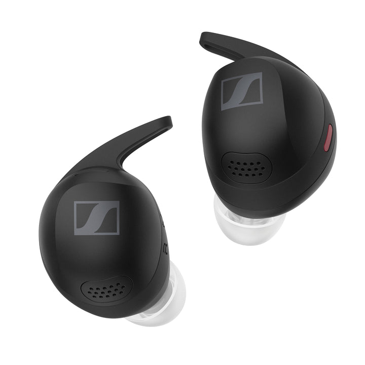 Sennheiser MOMENTUM Sport black front extreme closeup over white background