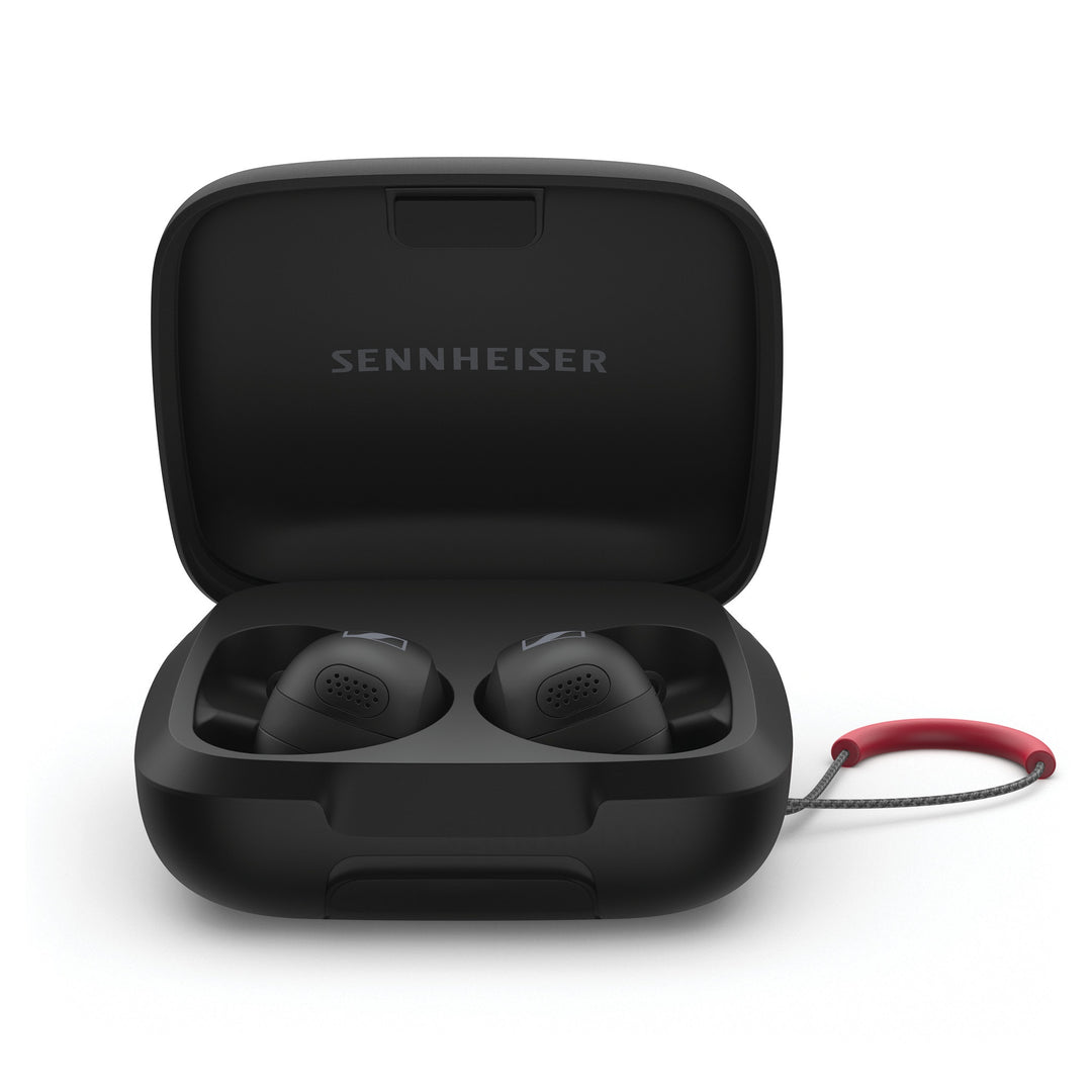Sennheiser MOMENTUM Sport earphones in black open case extreme closeup over white background
