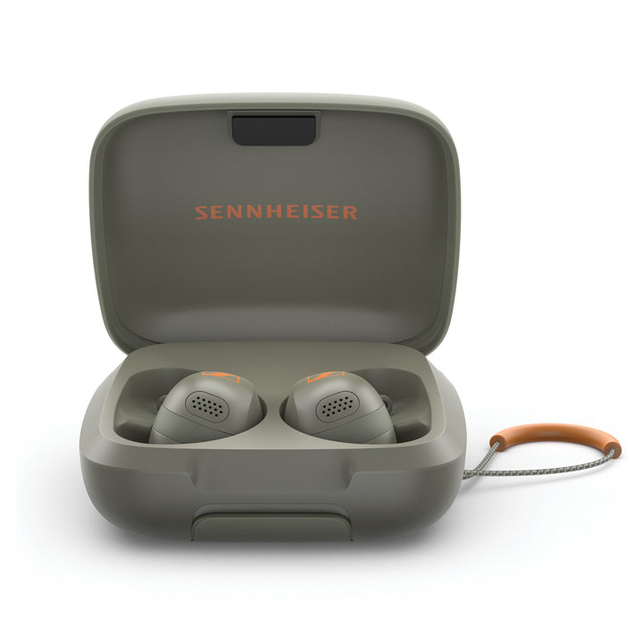 Sennheiser MOMENTUM Sport earphones in olive open case extreme closeup over white background