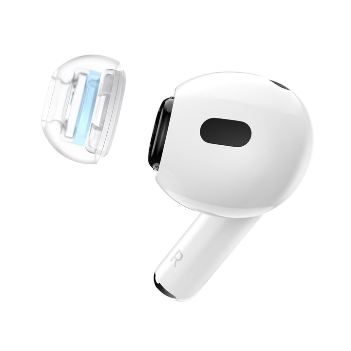 SpinFit SuperFine M blue with AirPod Pro over white background