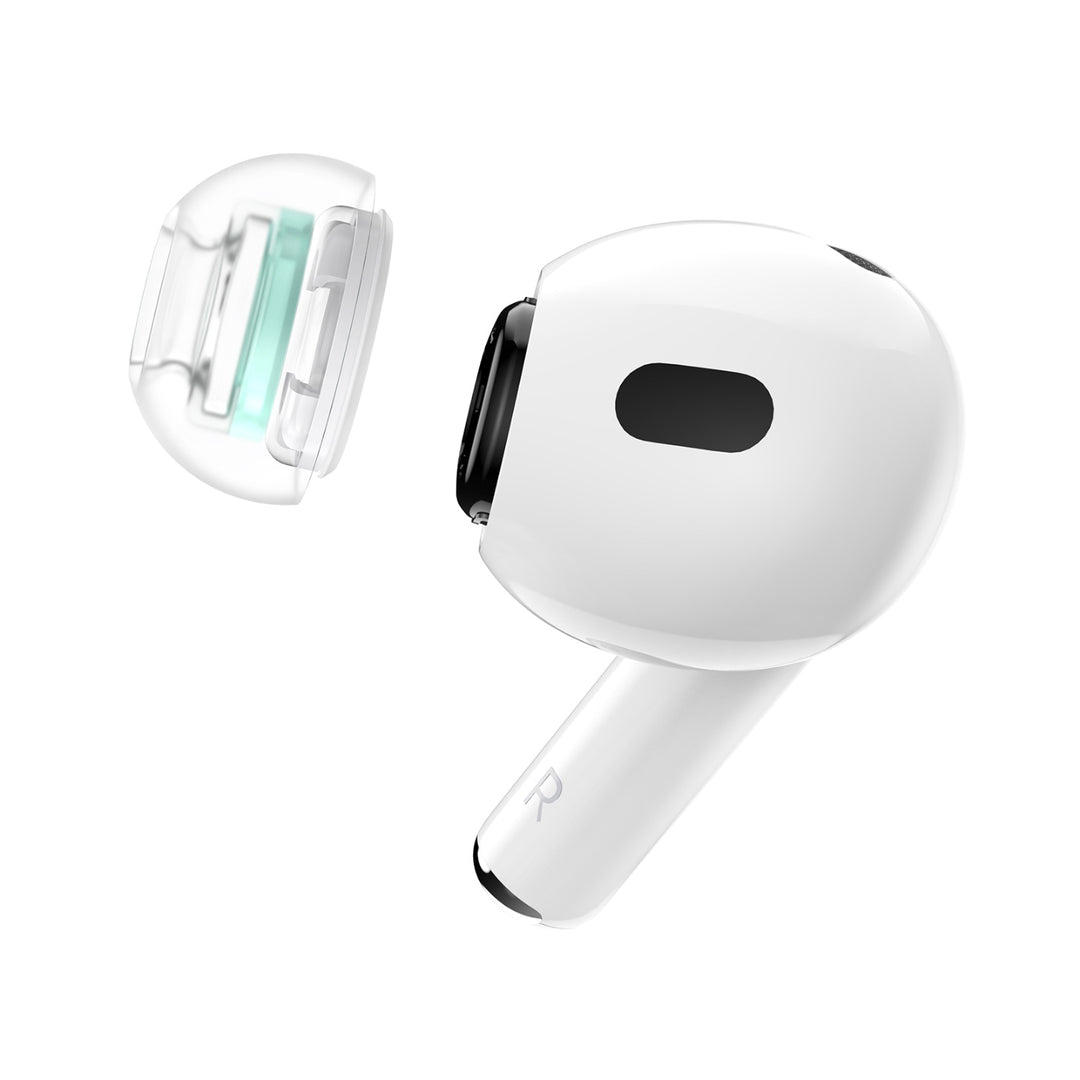 SpinFit SuperFine ML aqua with AirPod Pro over white background