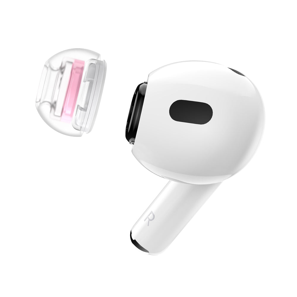 SpinFit SuperFine S pink with AirPod Pro over white background