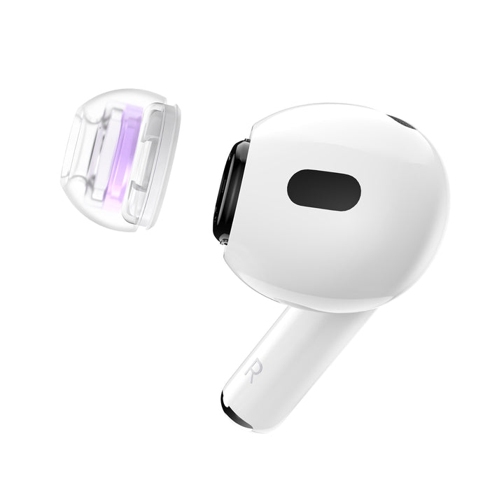 SpinFit SuperFine SS purple with AirPod Pro over white background