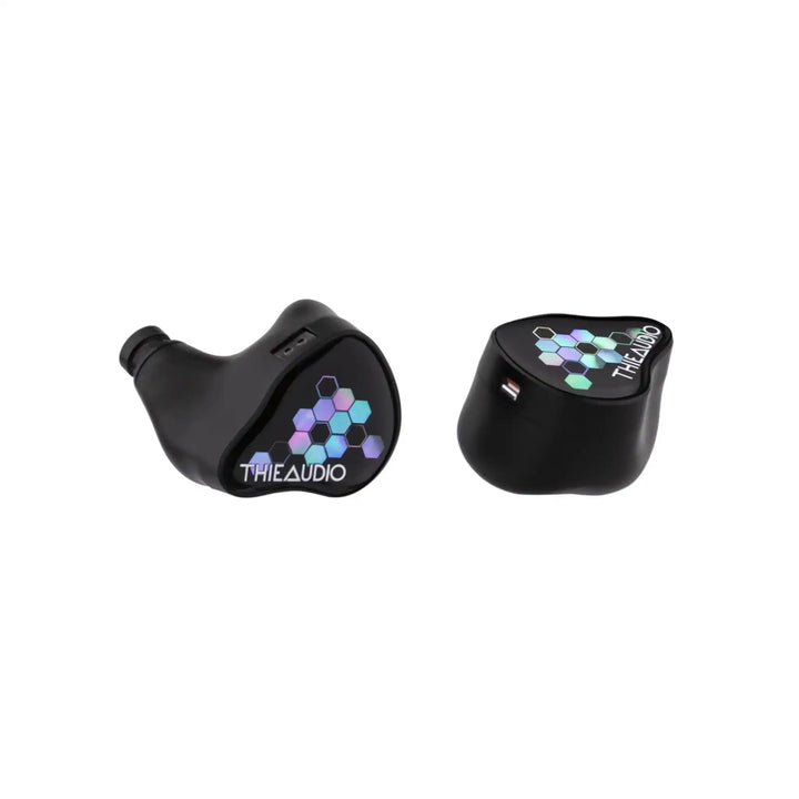 Thieaudio Monarch MKIV IEMs with Kaleidoglow faceplate front and side view of tuning switch whitebox