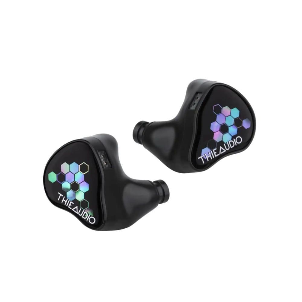 Thieaudio Monarch MKIV IEMs with Kaleidoglow faceplate floating front diagonally whitebox