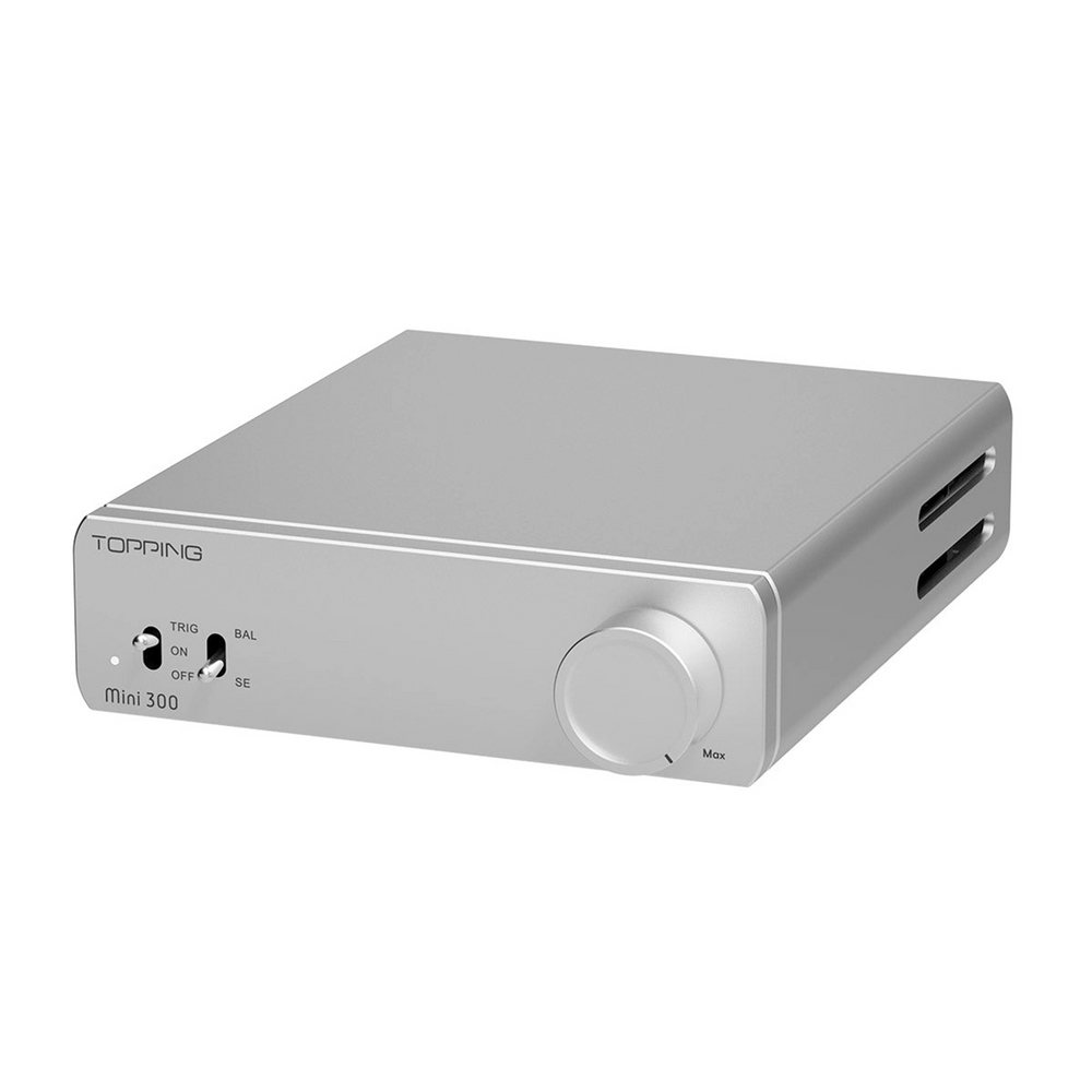 Topping Mini 300 amplifier in silver front right 3 quarter whitebox