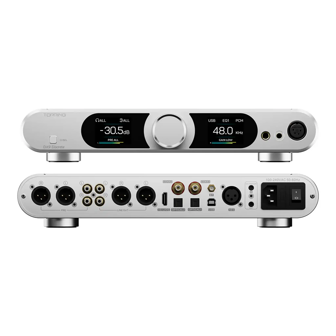 Topping DX9 Discrete x2 in silver sitting front and rear on top of each other whitebox
