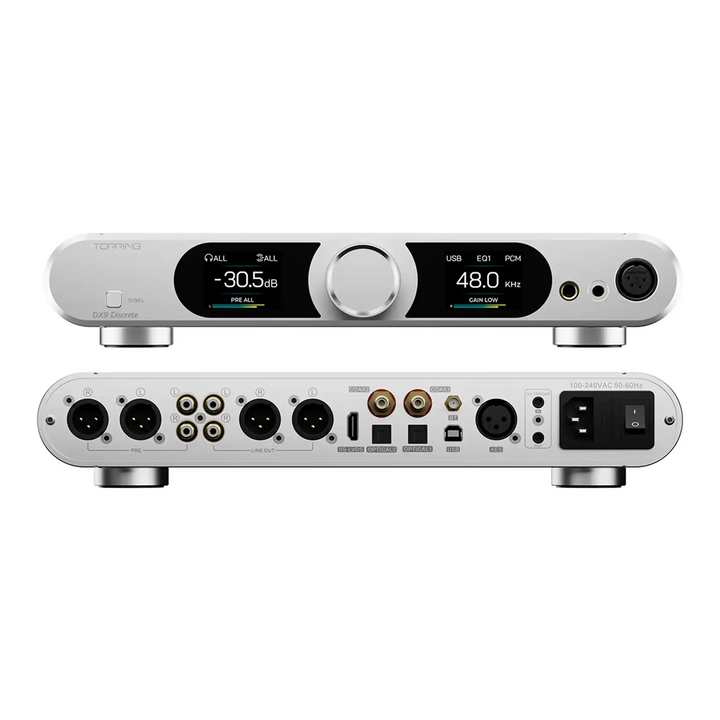 Topping DX9 Discrete x2 in silver sitting front and rear on top of each other whitebox