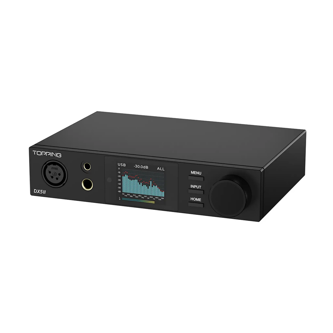 Topping DX5 II dac and amp in black sitting front right 3 quarter angle whitebox