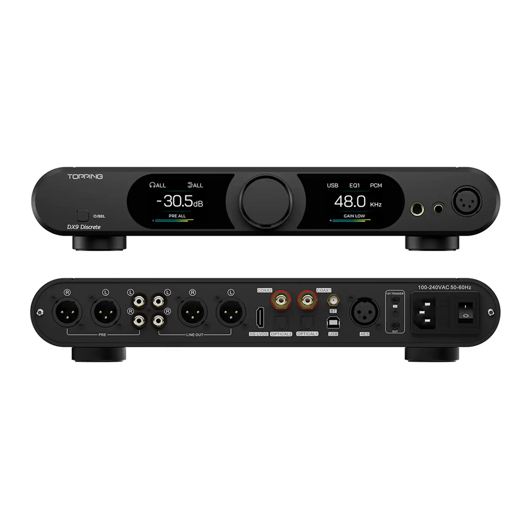 Topping DX9 Discrete x2 in black sitting front and rear on top of each other whitebox