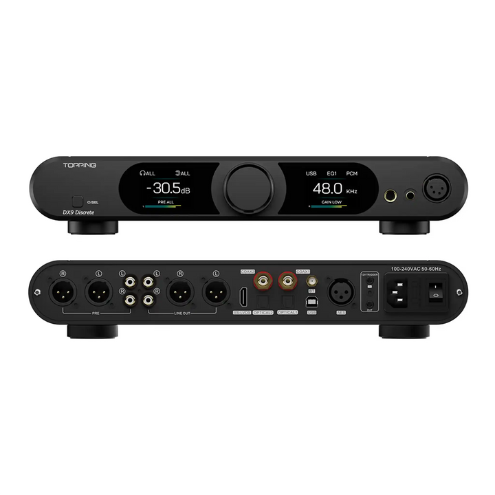 Topping DX9 Discrete x2 in black sitting front and rear on top of each other whitebox