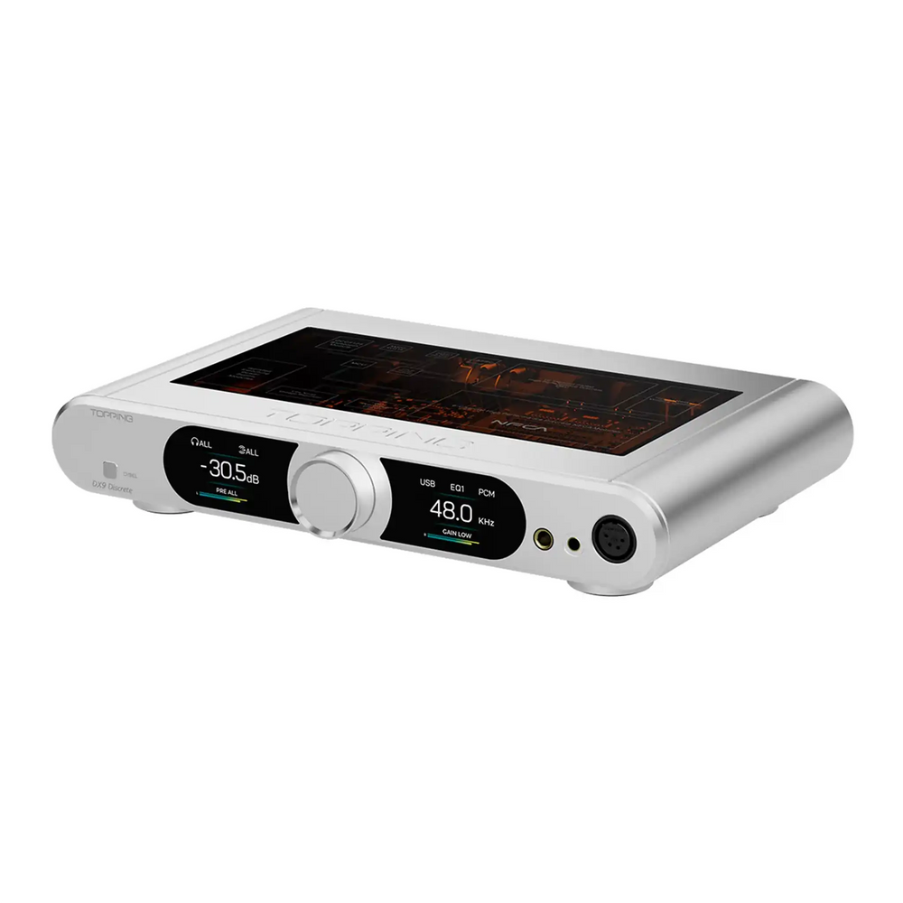 Topping DX9 Discrete in silver sitting front right 3 quarter whitebox