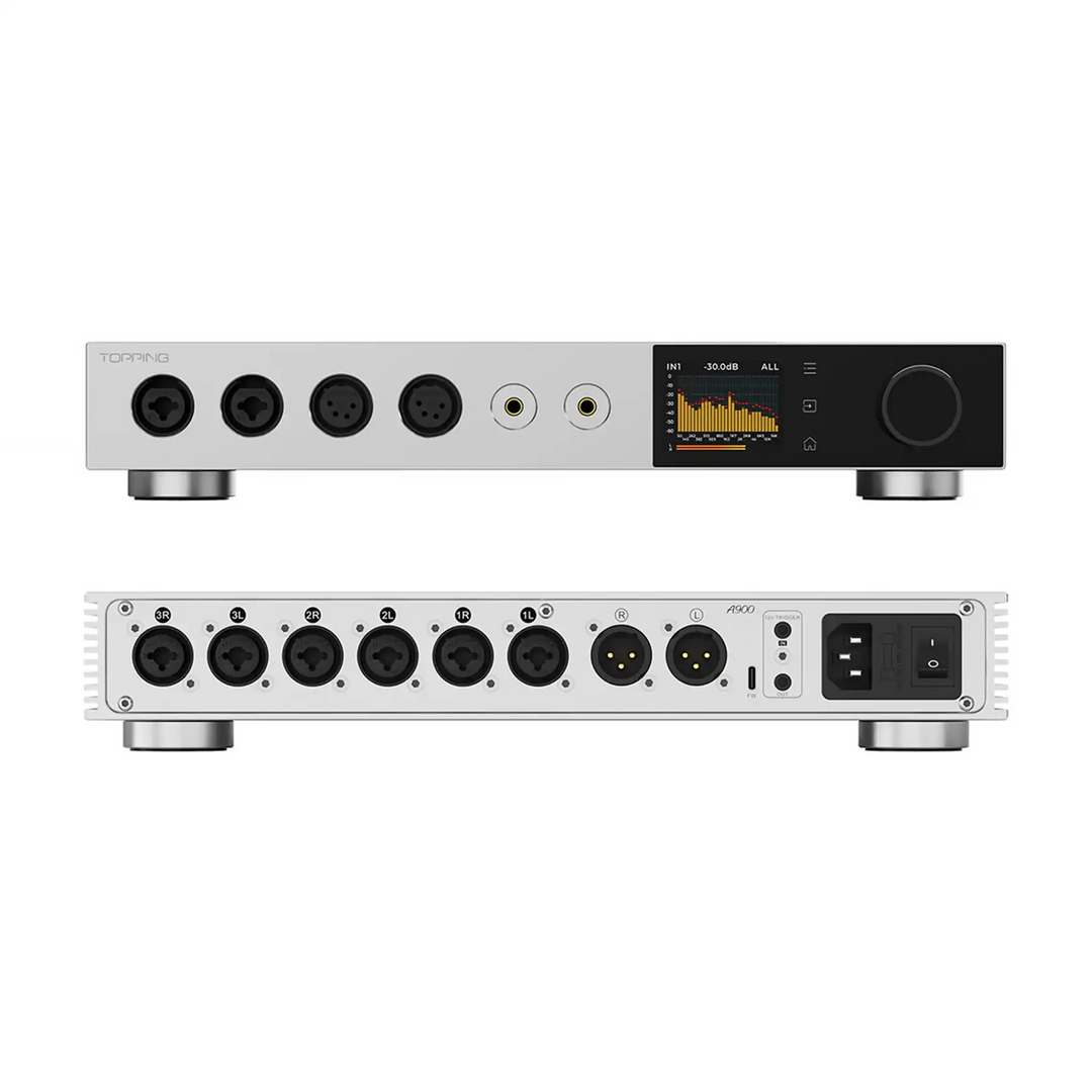 Topping A900 headphone amplifier x2 top front view bottom rear view stacked whitebox