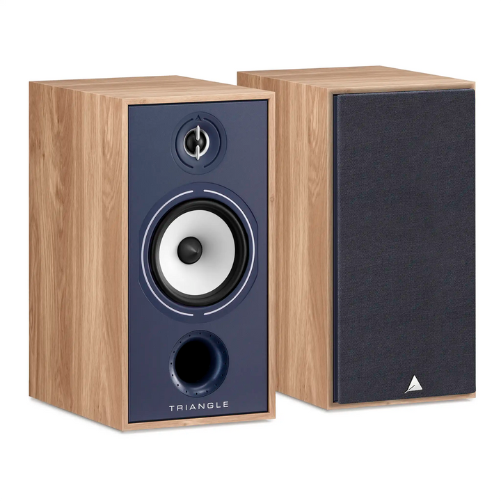 Triangle Audio Borea BR04 speakers blue front one with cover left 3 quarter angle whitebox