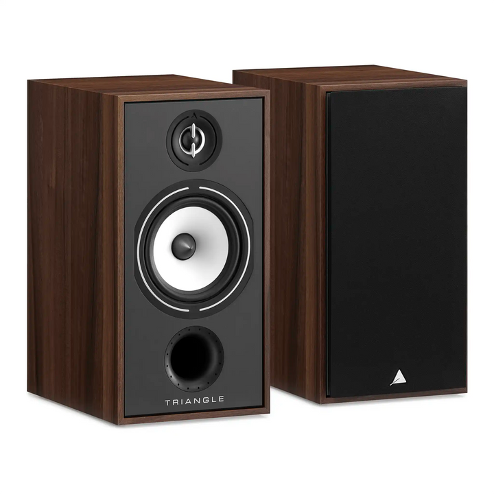 Triangle Audio Borea BR04 speakers chestnut front one with cover left 3 quarter angle whitebox