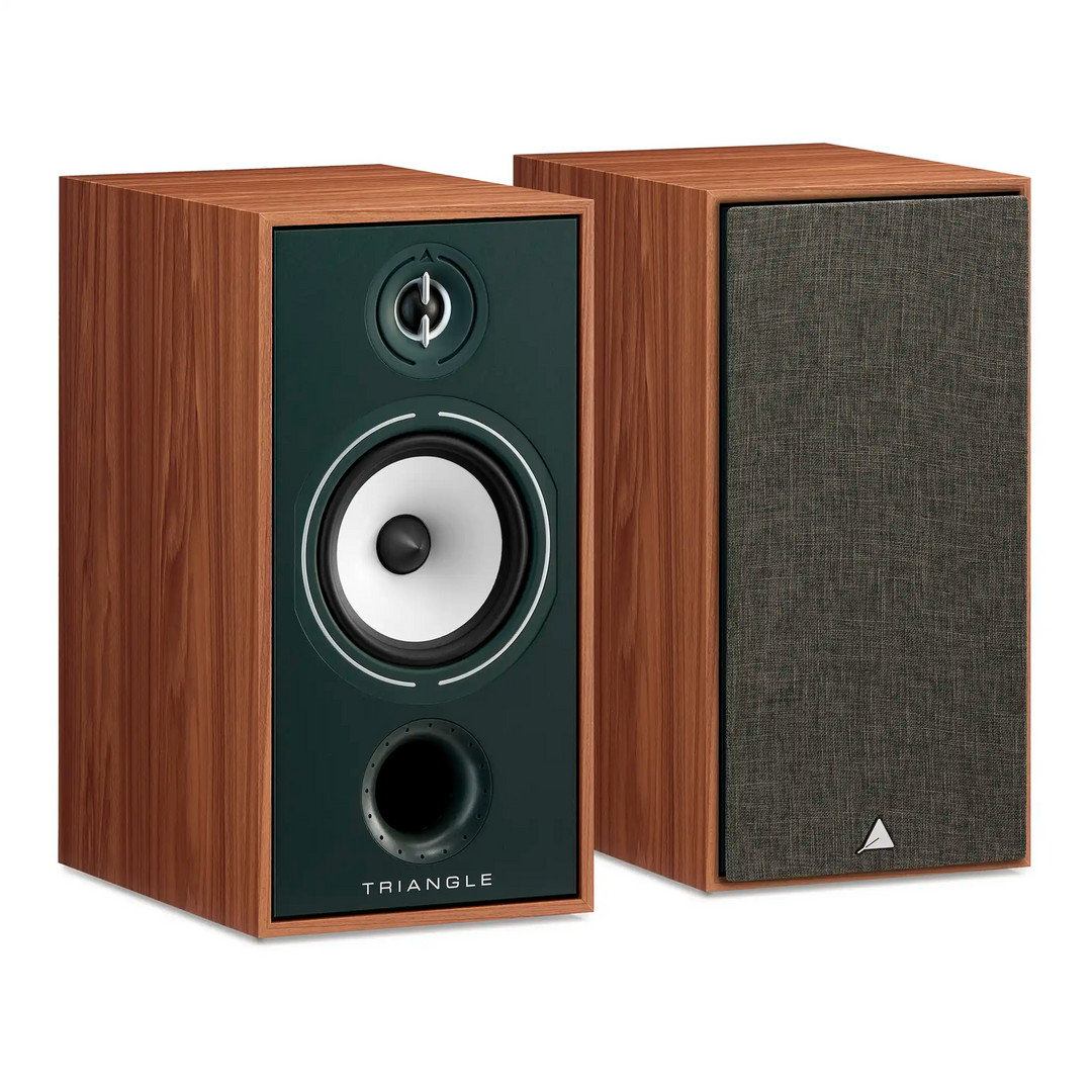 Triangle Audio Borea BR04 speakers oak green front one with cover left 3 quarter angle whitebox