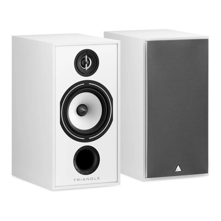 Triangle Audio Borea BR04 speakers white front one with cover left 3 quarter angle whitebox