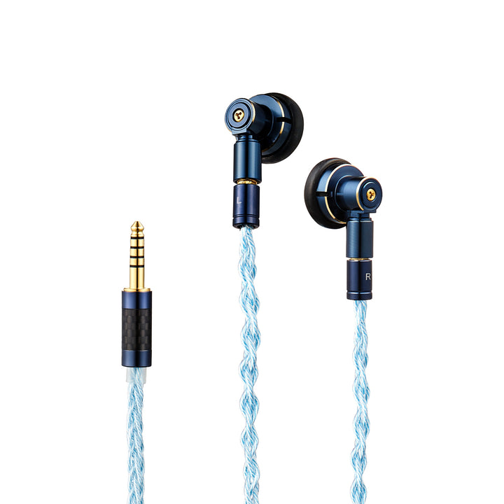Ucotech ES-P2 earbuds with attached stock cable and Pentaconn connector over white background