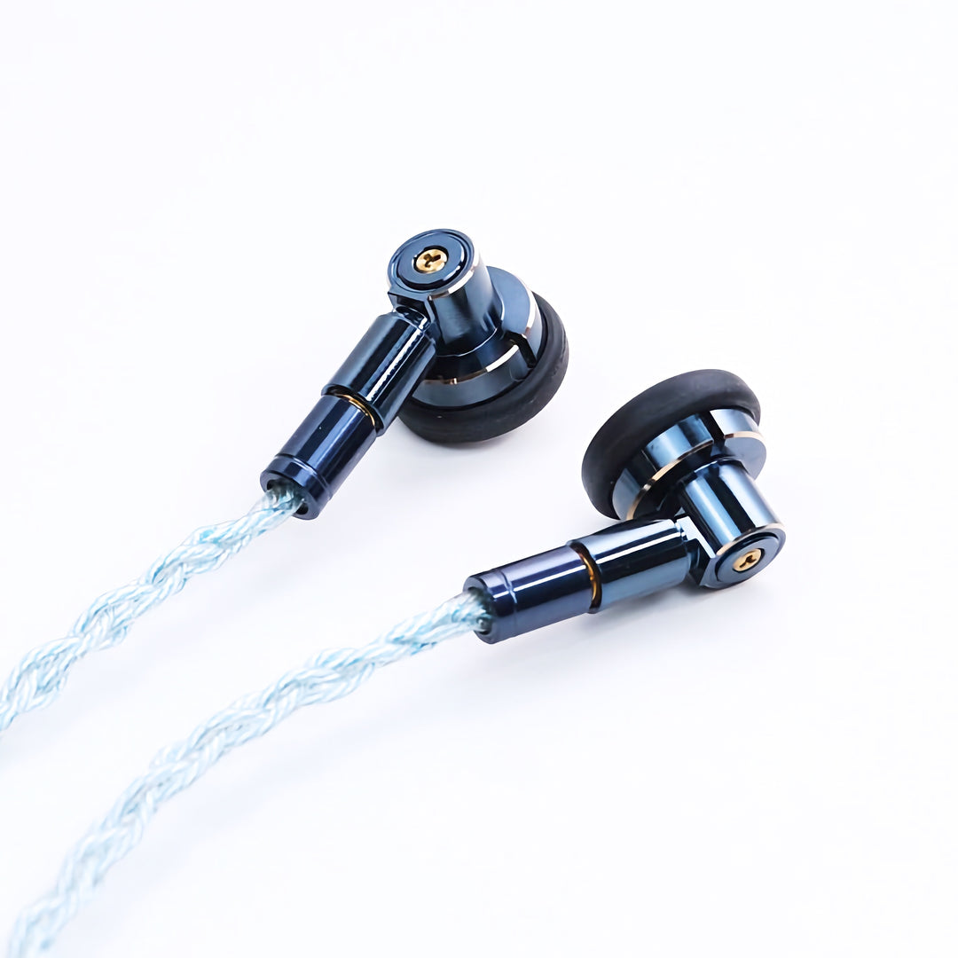 Ucotech ES-P2 earbuds closeup with attached stock cable over white background