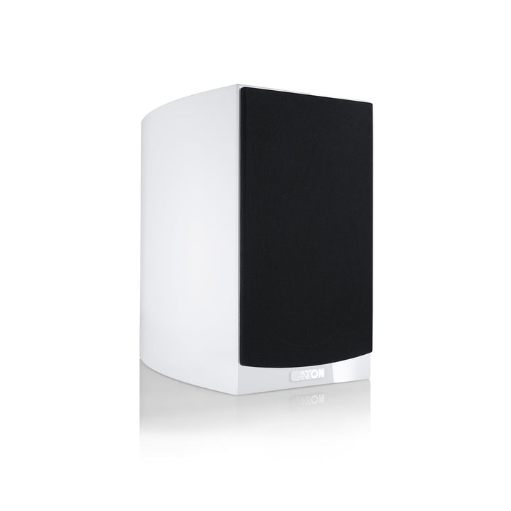 Canton Vento 20 bookshelf speaker white front 3 quarter with grille over white background