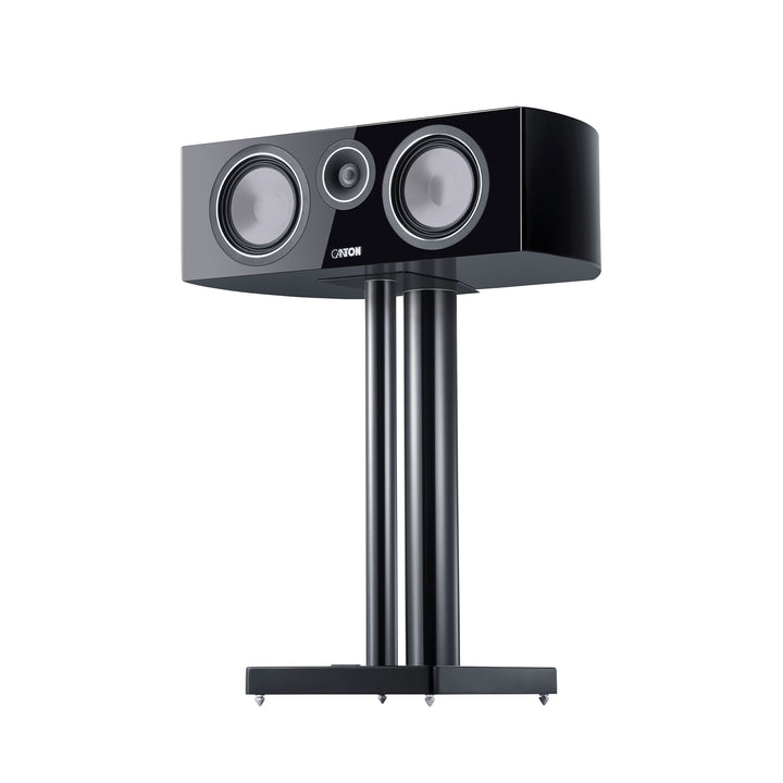 Canton Vento 50 center speaker black 3 quarter on stand over white background